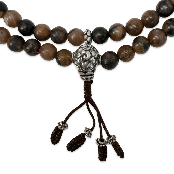 Mala aus Landschaftsjaspis mit handgefertigter Silberperle - Atelier Tibet