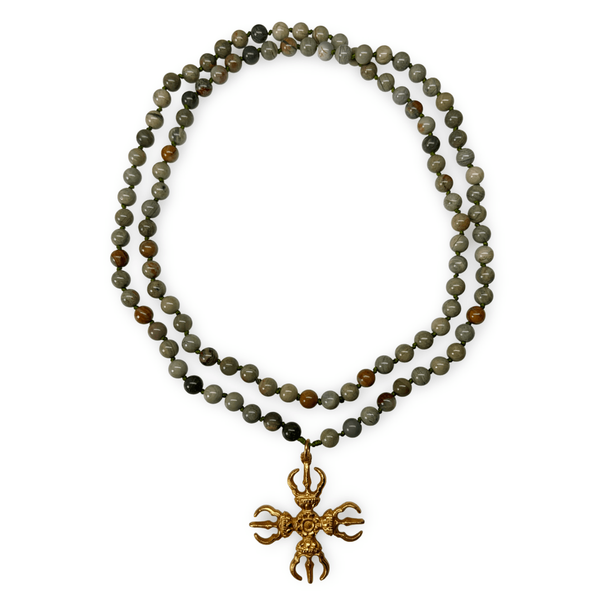 Mala aus Silver-Leaf-Jaspis mit Doppel-Vajra - Atelier Tibet