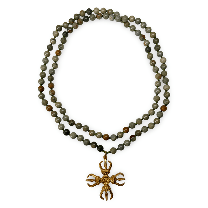 Mala aus Silver-Leaf-Jaspis mit Doppel-Vajra - Atelier Tibet