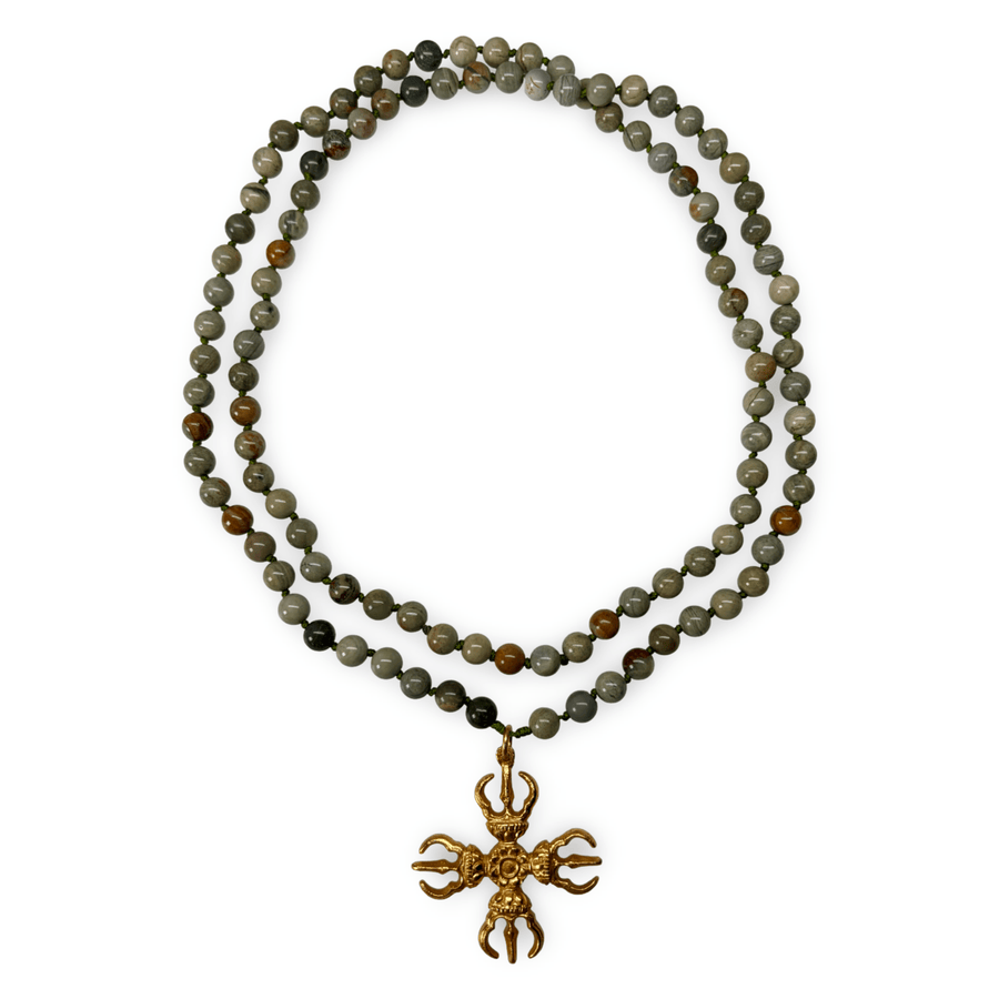 Mala aus Silver-Leaf-Jaspis mit Doppel-Vajra - Atelier Tibet