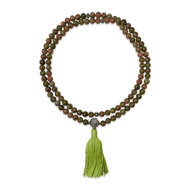 Mala aus Unakit mit Silber-Guruperle und grüner Quaste - Atelier Tibet