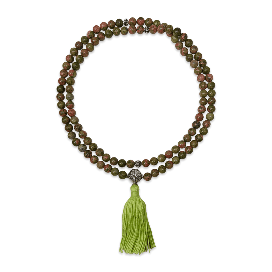 Mala aus Unakit mit Silber-Guruperle und grüner Quaste - Atelier Tibet