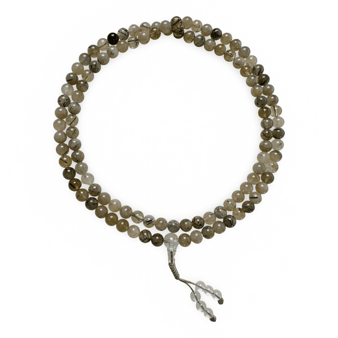 Mala Gebetskette aus grauem Turmalin - Atelier Tibet