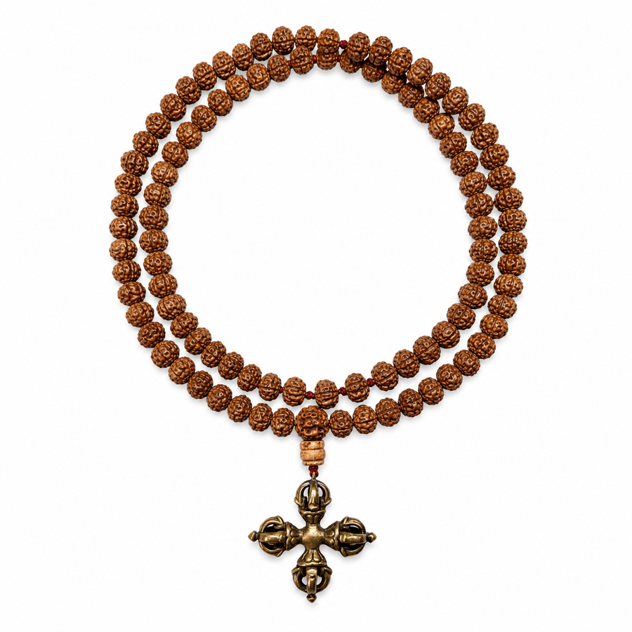 Mala mit 108 Rudraksha-Samen & Doppelvajra-Anhänger aus Messing - Atelier Tibet