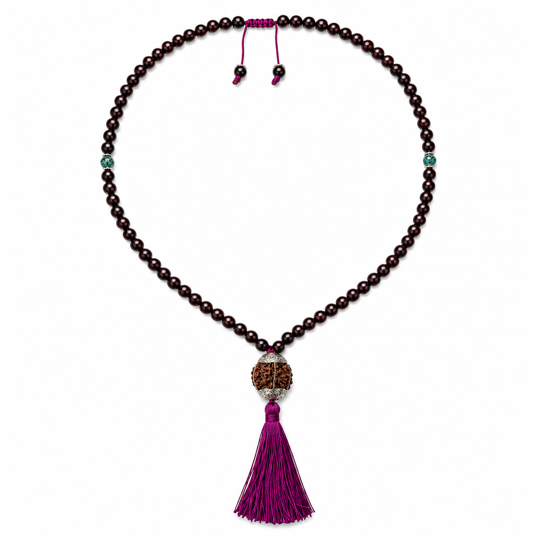 Zierliche Mala aus Rosenholz mit Rudraksha und Türkis