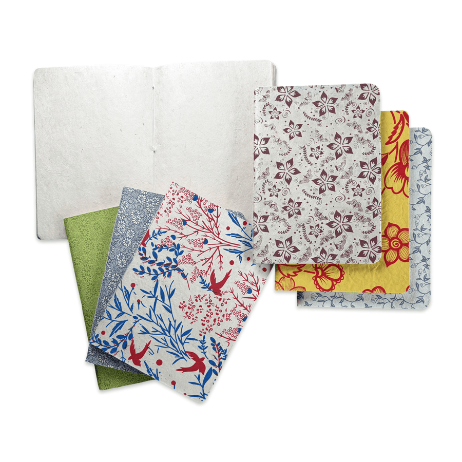 Notizbuch aus Lokta-Papier - florale Motive, von Hand bedruckt - Atelier Tibet