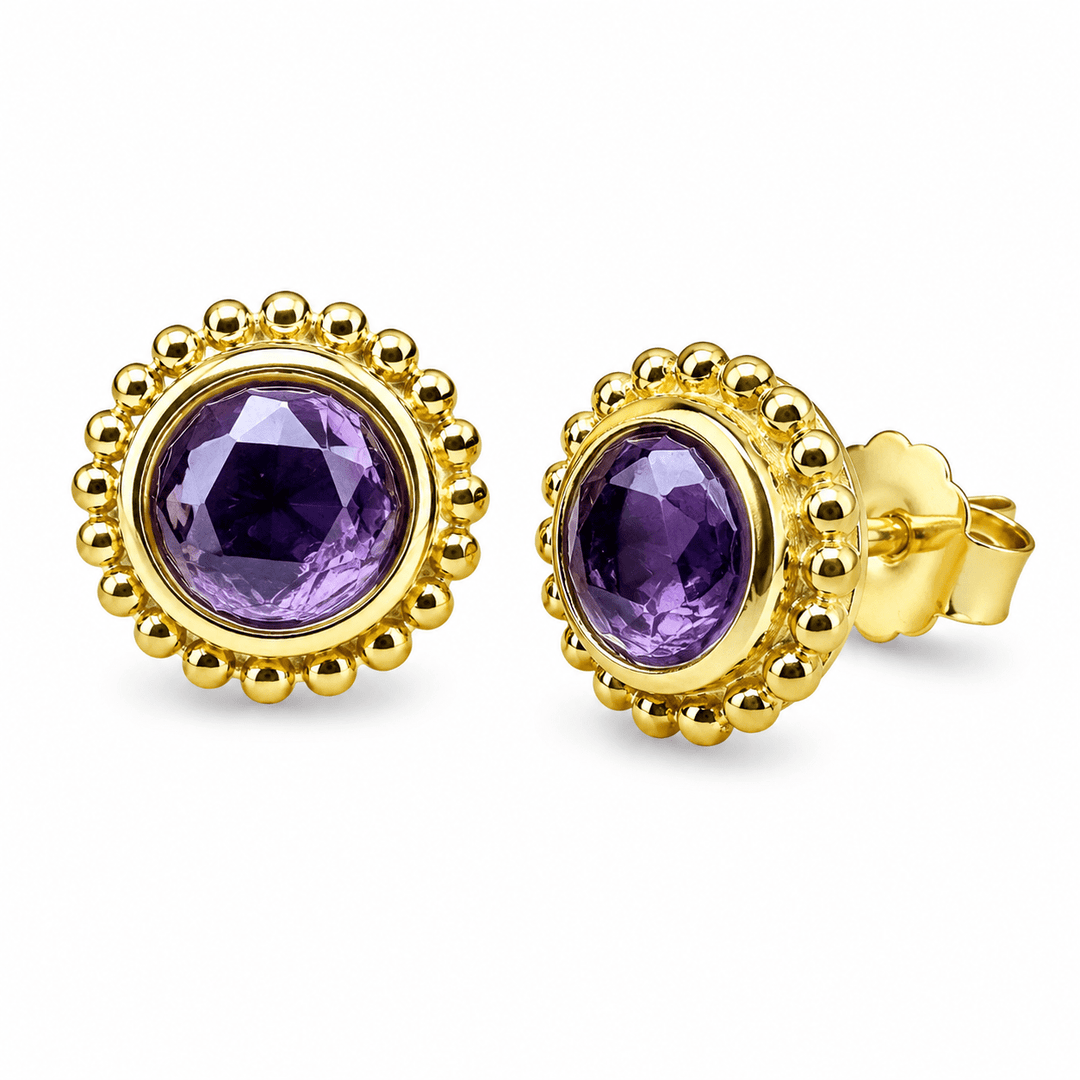 Ohrstecker mit Amethyst in filigraner vergoldeter Silberfassung - Atelier Tibet
