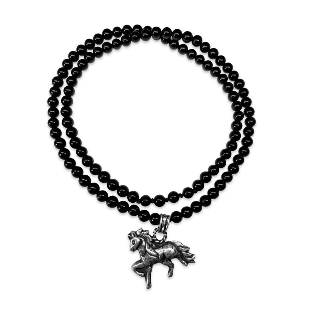 Onyx Halskette mit Silber-Pferd-Anhänger - Atelier Tibet