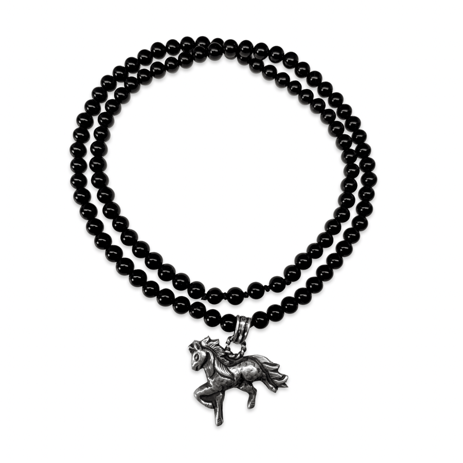 Onyx Halskette mit Silber-Pferd-Anhänger - Atelier Tibet
