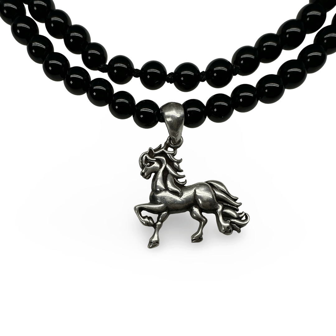 Onyx Halskette mit Silber - Pferd - Anhänger - Atelier Tibet