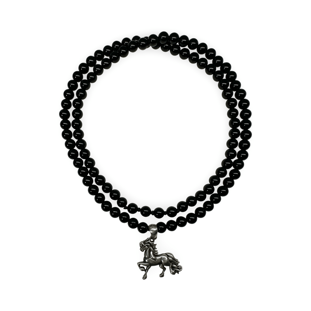 Onyx Halskette mit Silber - Pferd - Anhänger - Atelier Tibet