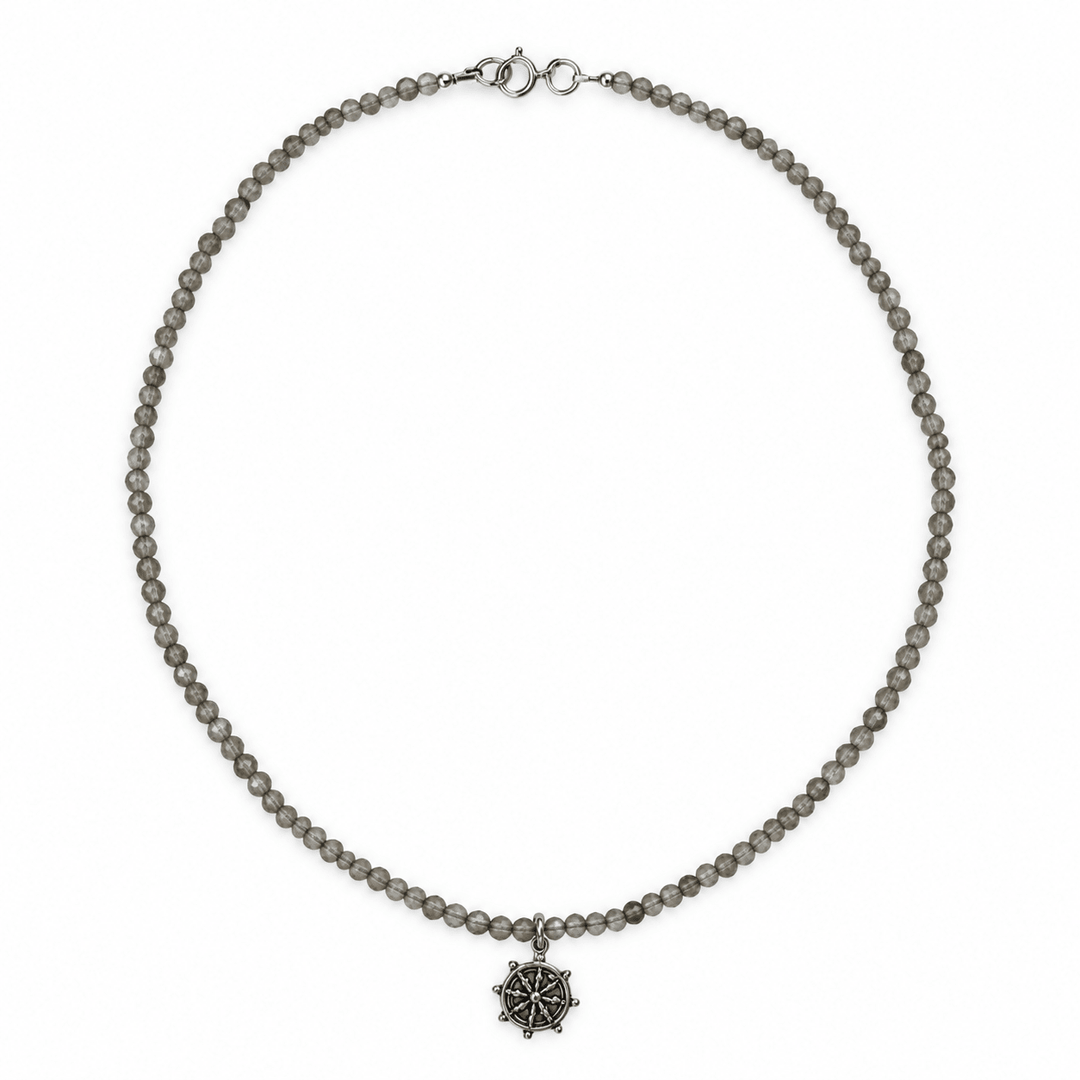 Rauchquarz-Kette mit Dharmachakra aus Silber - Atelier Tibet