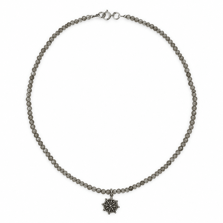 Rauchquarz-Kette mit Dharmachakra aus Silber - Atelier Tibet