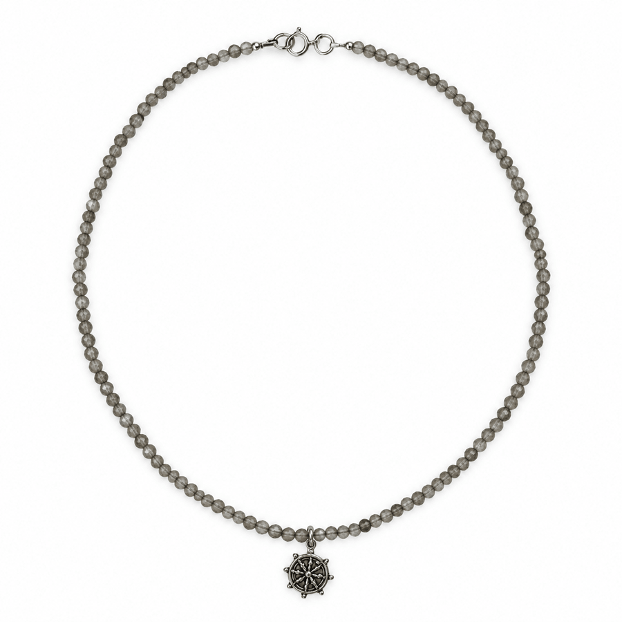 Rauchquarz-Kette mit Dharmachakra aus Silber - Atelier Tibet