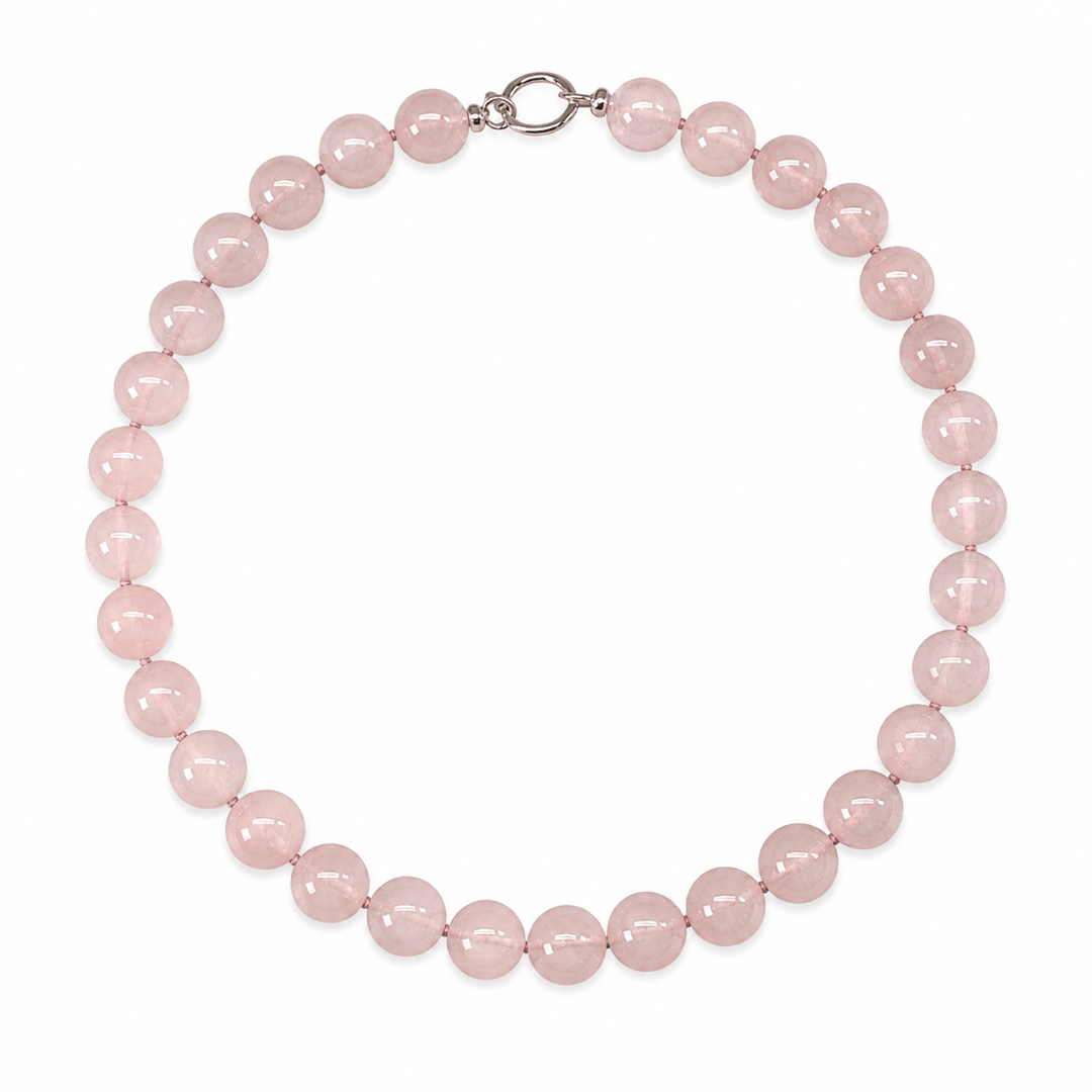 Rosenquarz - Kette – grosse Perlen, handgeknüpft - Atelier Tibet
