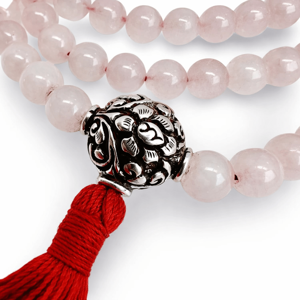 Rosenquarz Mala mit Silberperlen und Quaste - Atelier Tibet