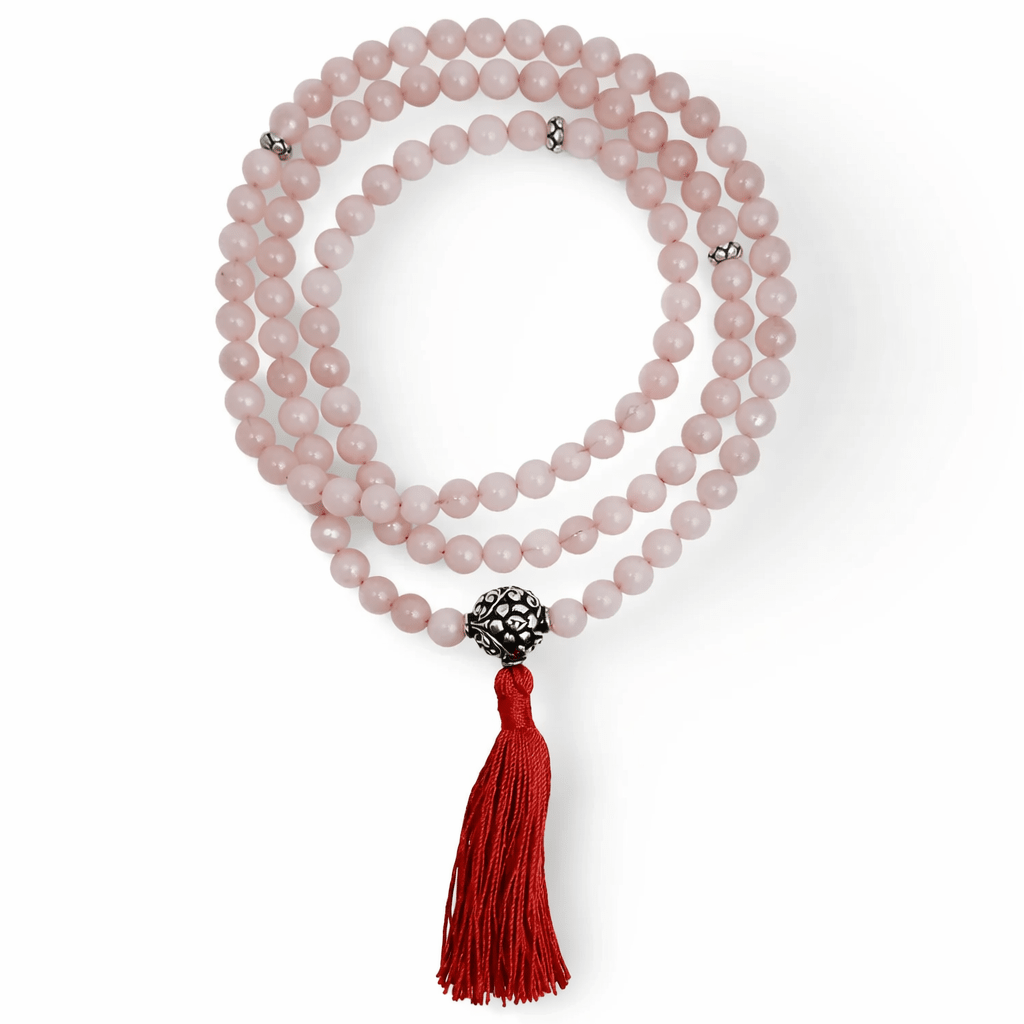 Rosenquarz Mala mit Silberperlen und Quaste - Atelier Tibet