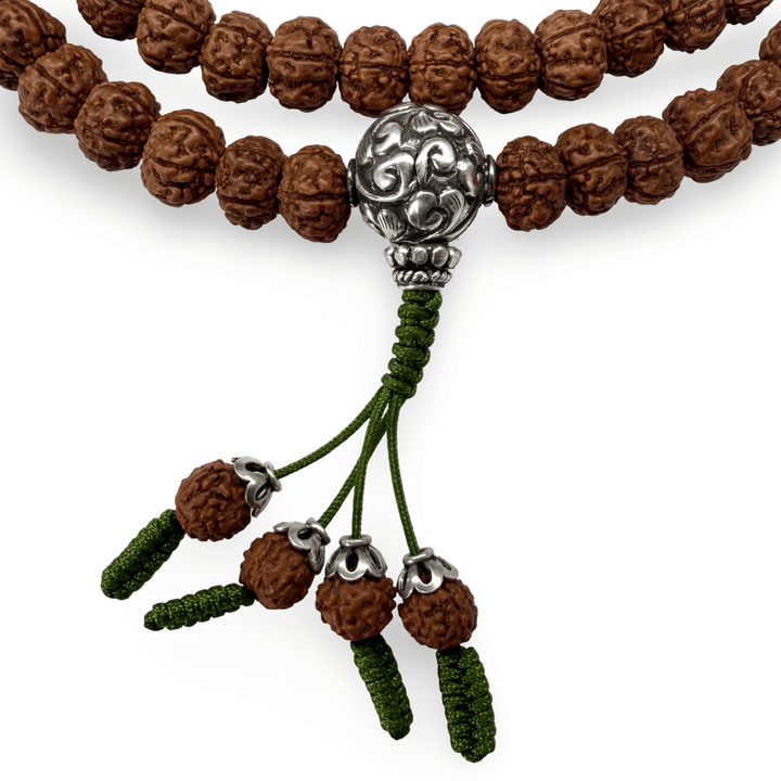 Rudraksha-Mala 6 Mukhi mit Silber-Guruperle - Atelier Tibet