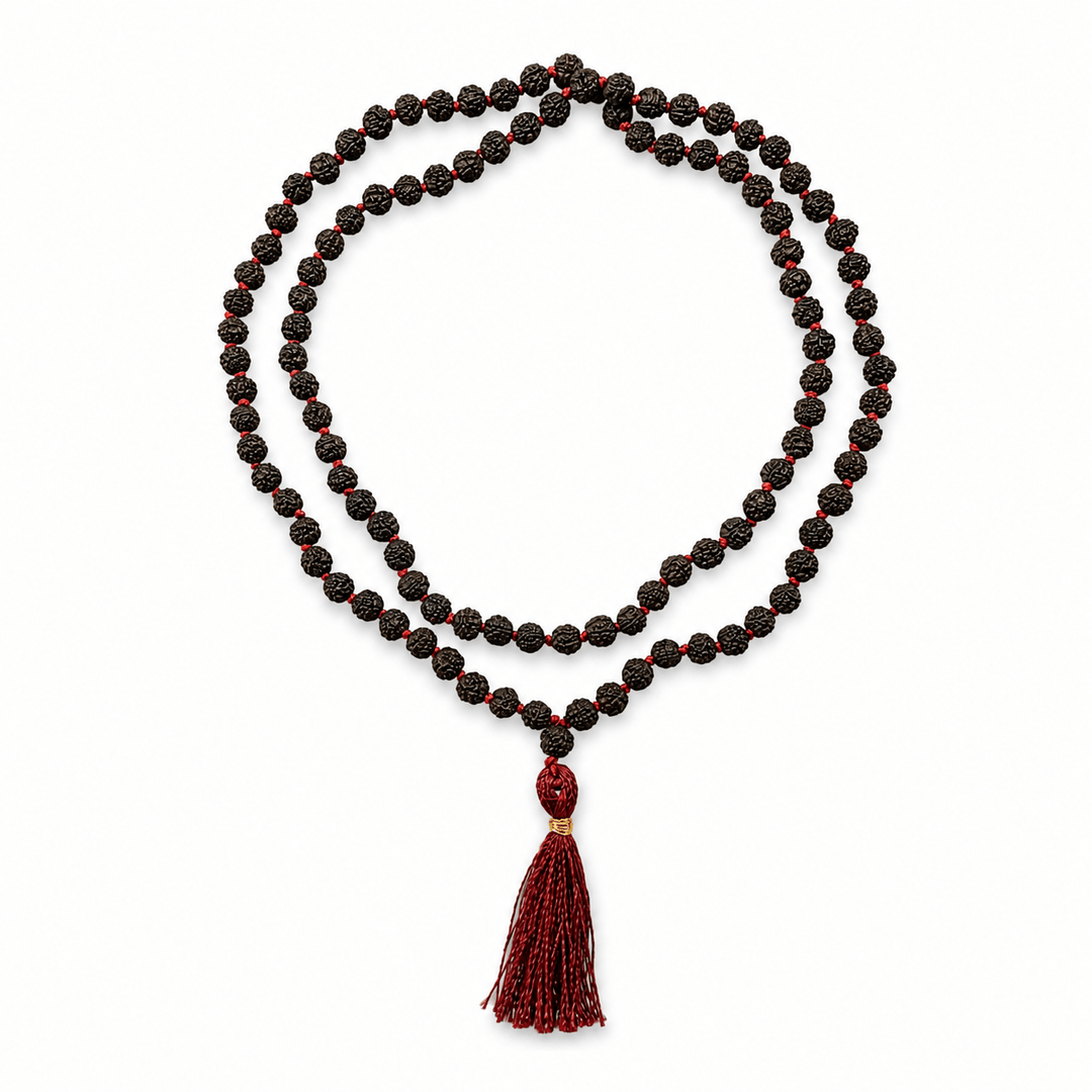 Schwarze Rudraksha Mala mit dunkelroter Quaste (⌀ 8 mm) - Atelier Tibet