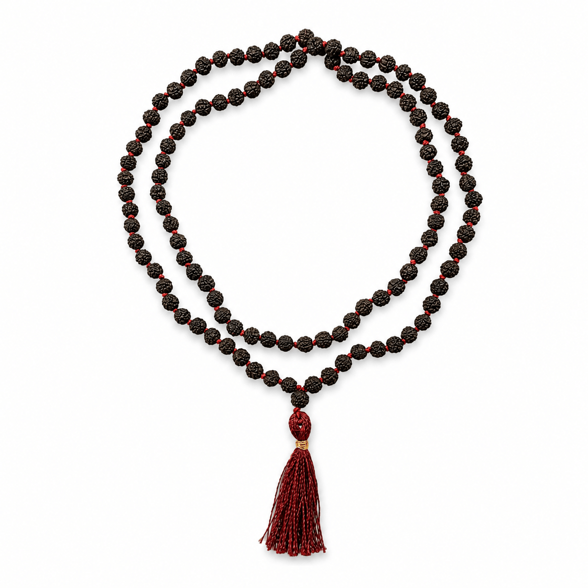 Schwarze Rudraksha Mala mit dunkelroter Quaste (⌀ 8 mm) - Atelier Tibet