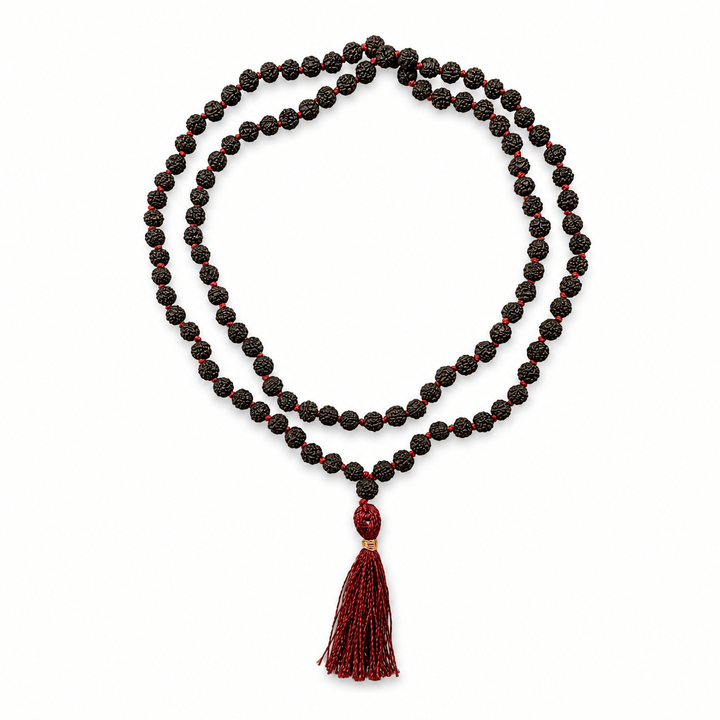Schwarze Rudraksha Mala mit dunkelroter Quaste (⌀ 8 mm) - Atelier Tibet