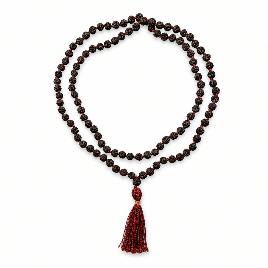 Schwarze Rudraksha Mala mit dunkelroter Quaste (⌀ 8 mm) - Atelier Tibet