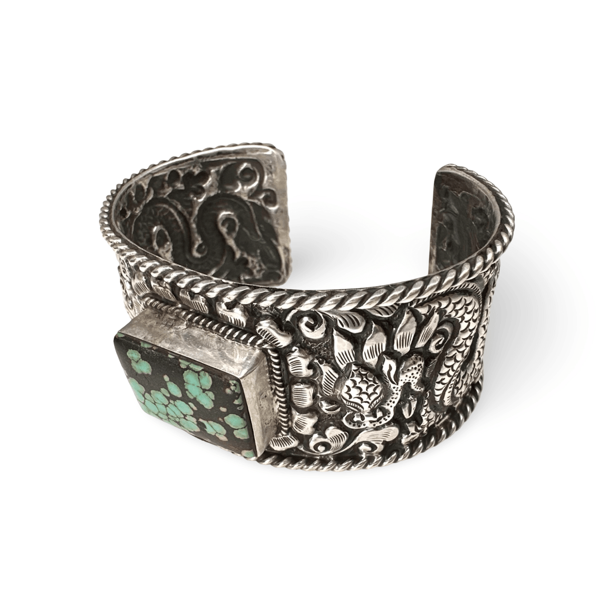 Schwere Armspange aus Silber mit Drachenmotiv und Türkis - Atelier Tibet
