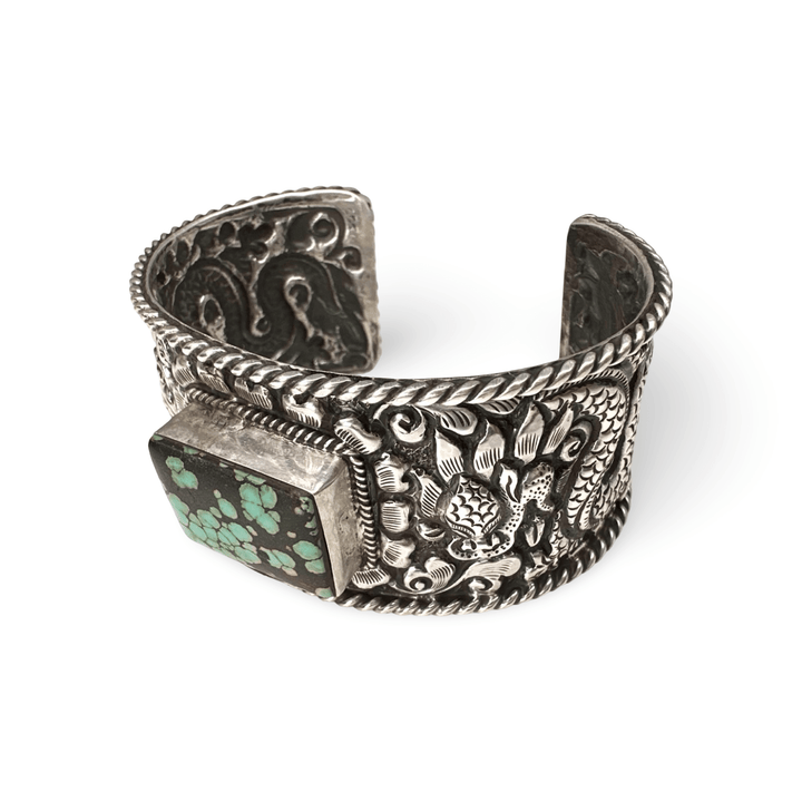 Schwere Armspange aus Silber mit Drachenmotiv und Türkis - Atelier Tibet