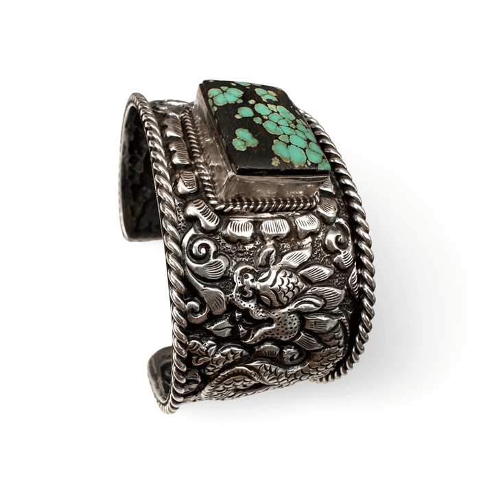 Schwere Armspange aus Silber mit Drachenmotiv und Türkis - Atelier Tibet