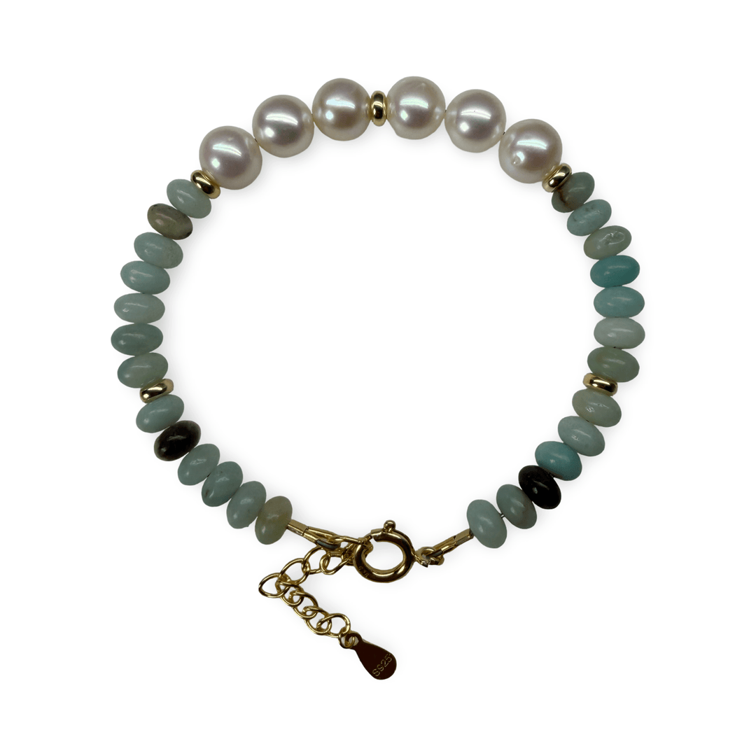 Set aus Kette und Armband mit Amazonit und Süsswasserperlen - Atelier Tibet
