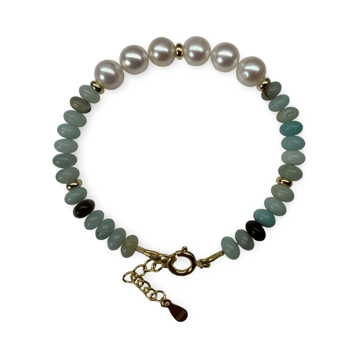 Set aus Kette und Armband mit Amazonit und Süsswasserperlen - Atelier Tibet