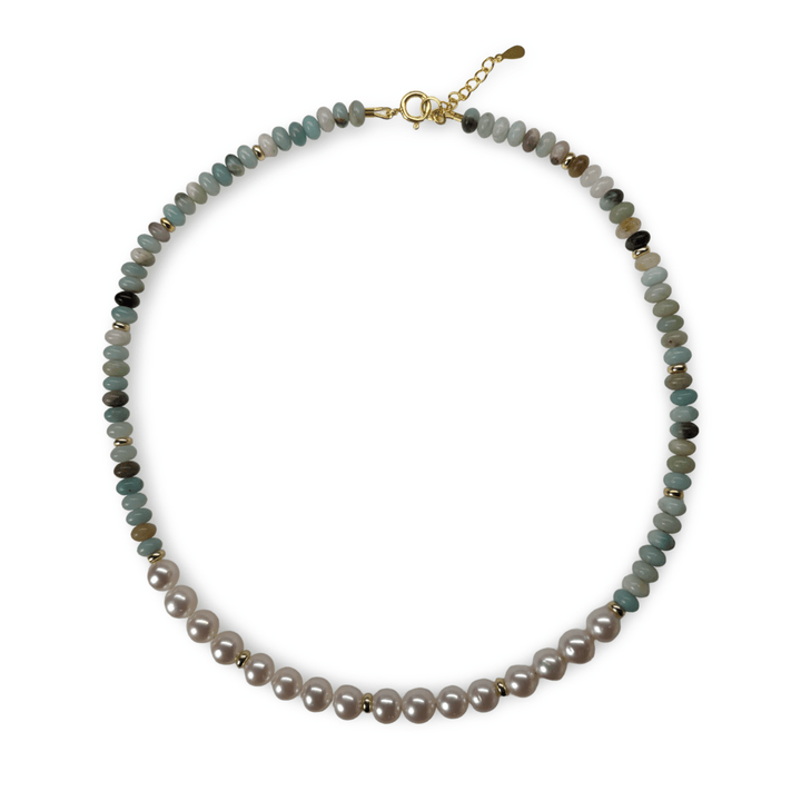 Set aus Kette und Armband mit Amazonit und Süsswasserperlen - Atelier Tibet