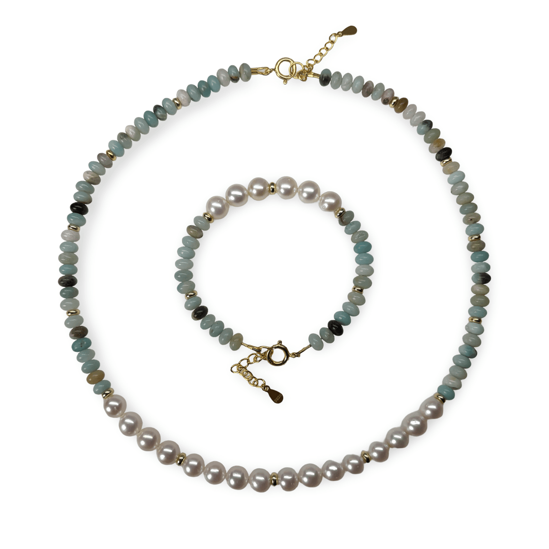 Set aus Kette und Armband mit Amazonit und Süsswasserperlen - Atelier Tibet