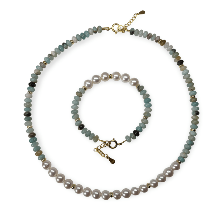 Set aus Kette und Armband mit Amazonit und Süsswasserperlen - Atelier Tibet