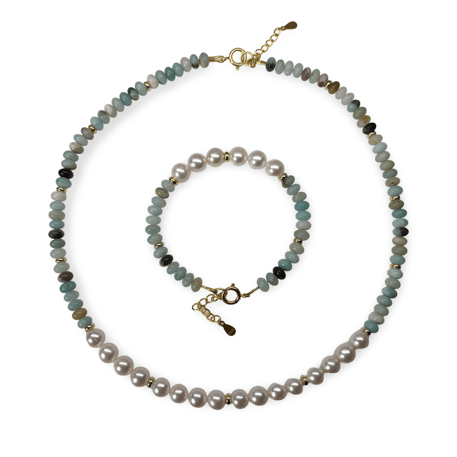 Set aus Kette und Armband mit Amazonit und Süsswasserperlen - Atelier Tibet