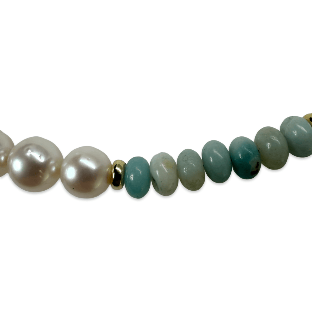 Set aus Kette und Armband mit Amazonit und Süsswasserperlen - Atelier Tibet