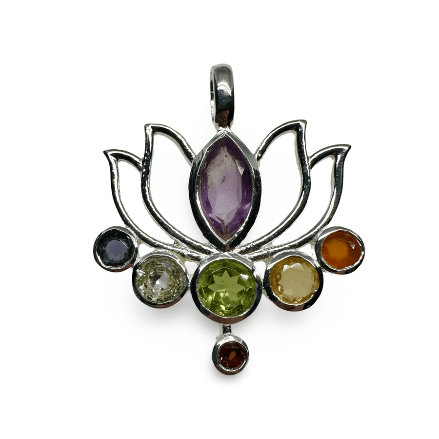 Silber - Anhänger in Lotus - Form mit Chakra - Steinen - Atelier Tibet
