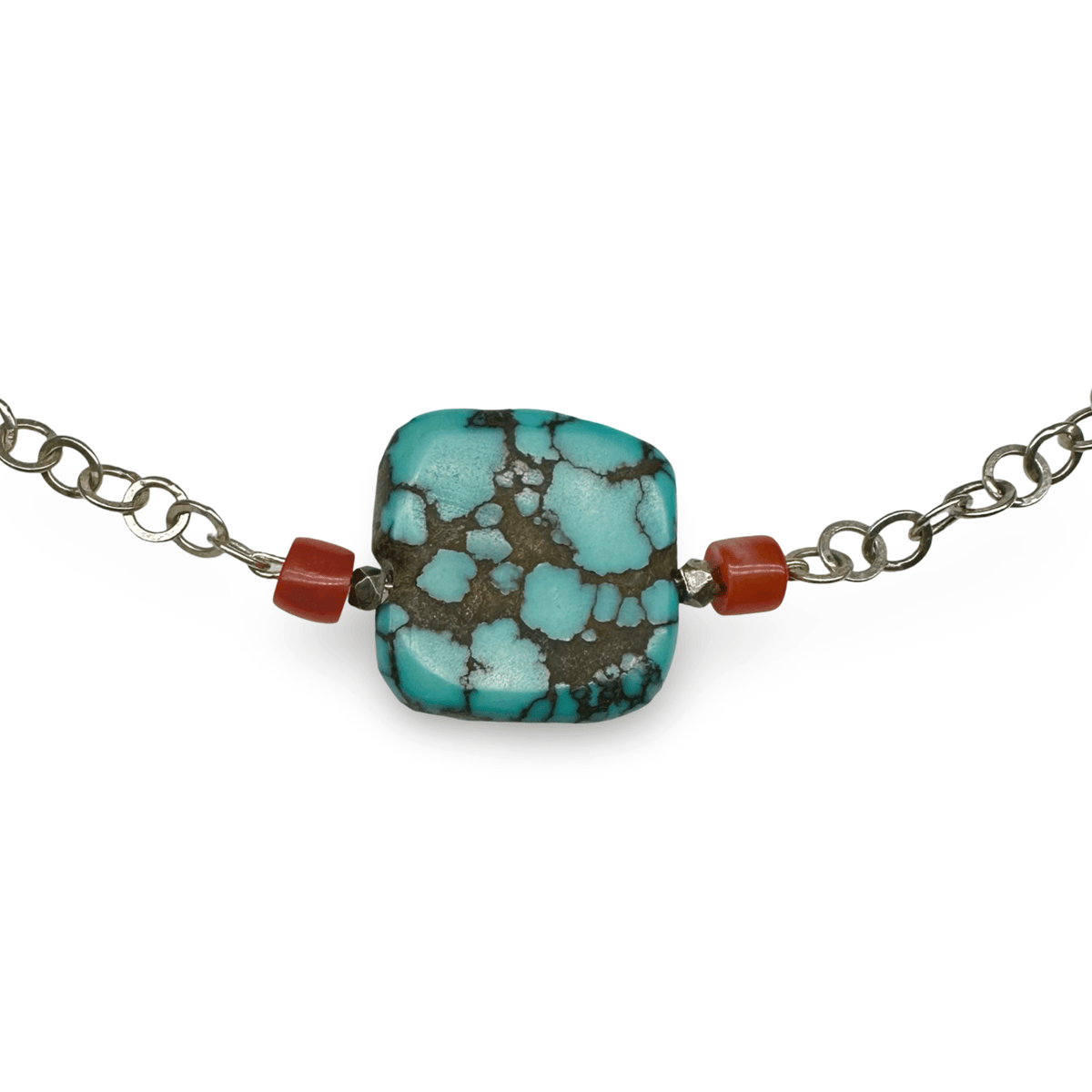 Silberkette mit grosser Türkis - und kleinen Korallen - Perlen - Atelier Tibet
