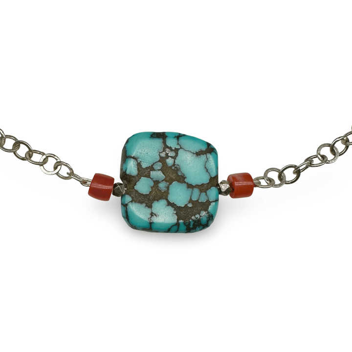 Silberkette mit grosser Türkis - und kleinen Korallen - Perlen - Atelier Tibet