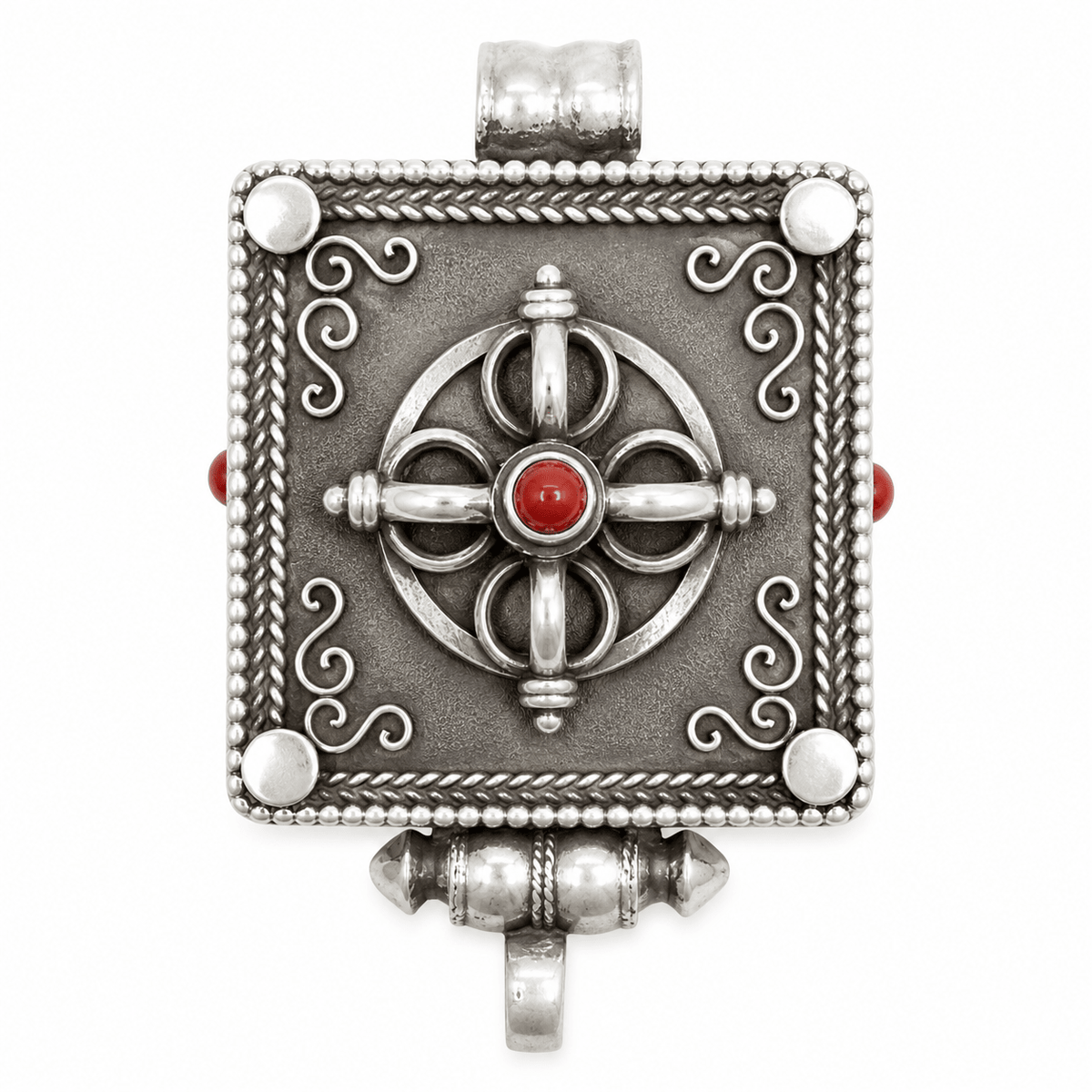 Silberner Ghau-Anhänger mit Doppel-Vajra und Koralle - Atelier Tibet