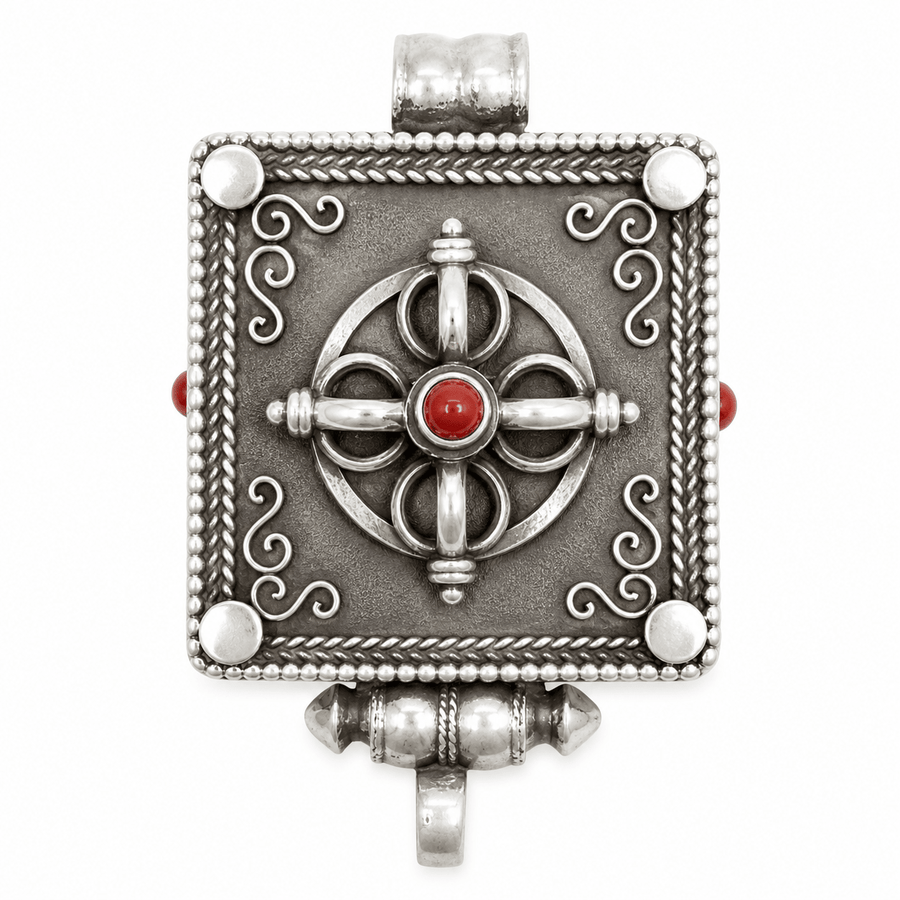 Silberner Ghau-Anhänger mit Doppel-Vajra und Koralle - Atelier Tibet