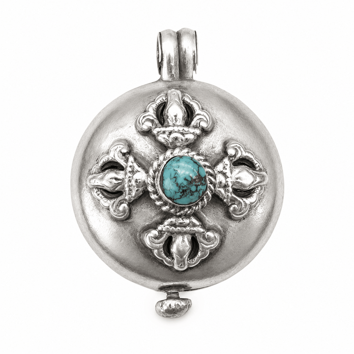 Silberner Ghau-Anhänger mit Doppel-Vajra und Türkis - Atelier Tibet