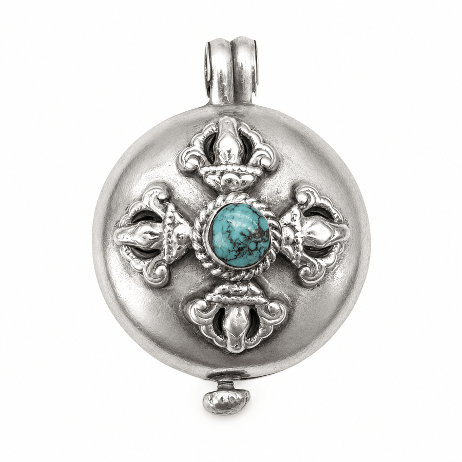 Silberner Ghau-Anhänger mit Doppel-Vajra und Türkis - Atelier Tibet