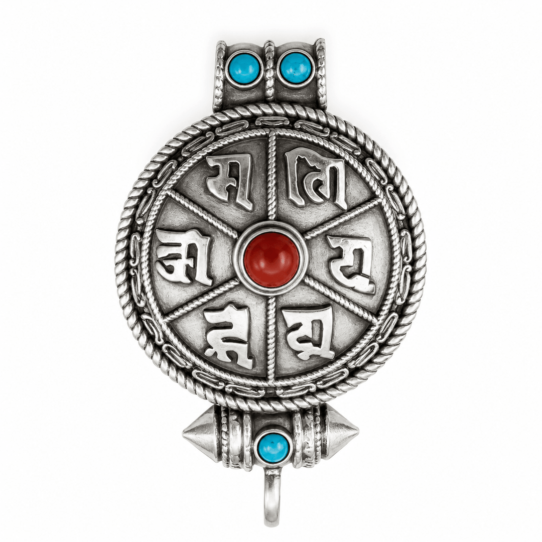 Silberner Ghau-Anhänger mit Mantra, Türkis und Koralle - Atelier Tibet