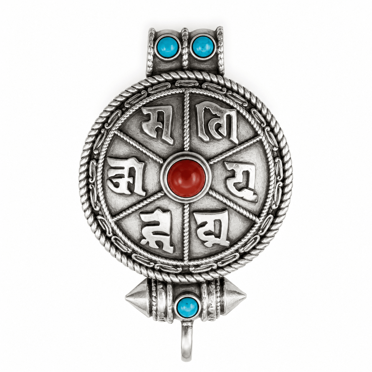 Silberner Ghau-Anhänger mit Mantra, Türkis und Koralle - Atelier Tibet