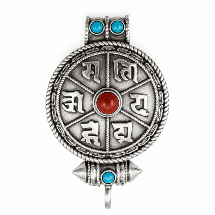 Silberner Ghau-Anhänger mit Mantra, Türkis und Koralle - Atelier Tibet