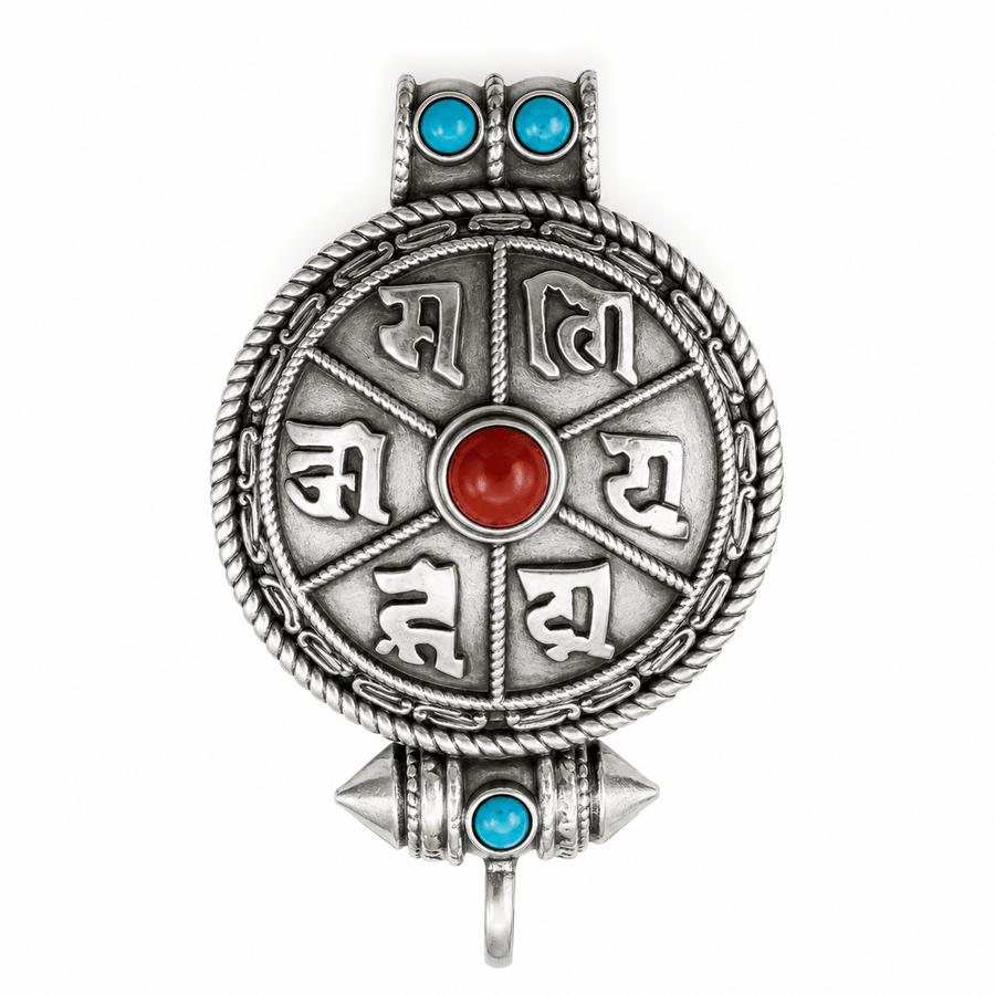Silberner Ghau-Anhänger mit Mantra, Türkis und Koralle - Atelier Tibet