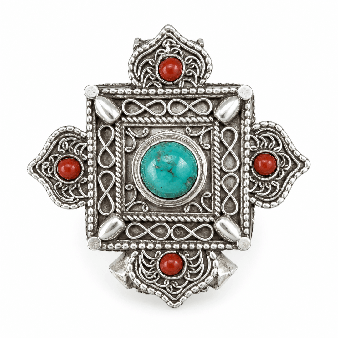 Silberner Ghau-Anhänger mit Türkis und Koralle - Atelier Tibet