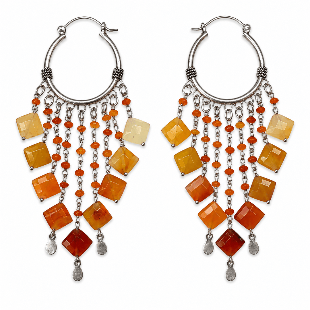 Statement-Ohrringe aus Silber und grossen, facettierten Karneol-Stücken - Atelier Tibet