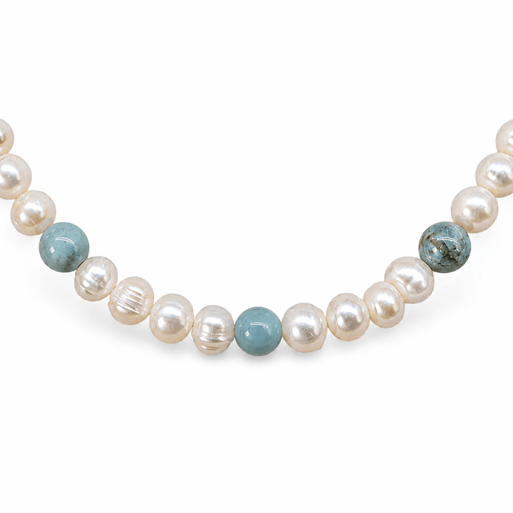 Süsswasserperlen-Kette mit Blauem Achat - Atelier Tibet